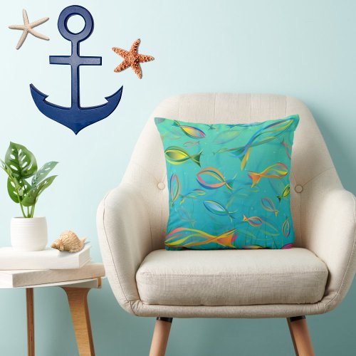 Tropical Fish Underwater Teal Modern Illustration Throw Pillow