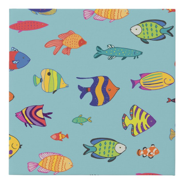 Tropical fish, vintage line pattern faux canvas print (Front)