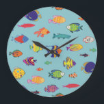 Tropical fish, vintage line pattern large clock<br><div class="desc">Set of tropical fish. Vintage line seamless pattern
Dive into the sea with a tropical fish set.
Swim with tropical fish. Underwater adventure!
pattern,  illustration,  decor,  water,  nature,  cartoon,  animal,  sea,  fish,  line,  seamless,  ocean,  tropical,  eye,  doodle,  set,  life,  pet,  underwater,  wildlife</div>
