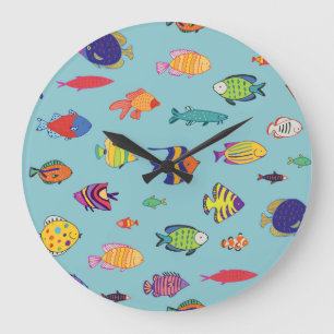 Tropical fish, vintage line pattern large clock