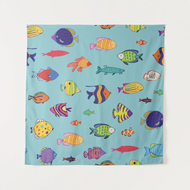 Tropical fish, vintage line pattern tapestry (Front)