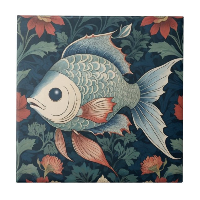 Tropical Fish William Morris style Aquatic Marine Ceramic Tile (Front)