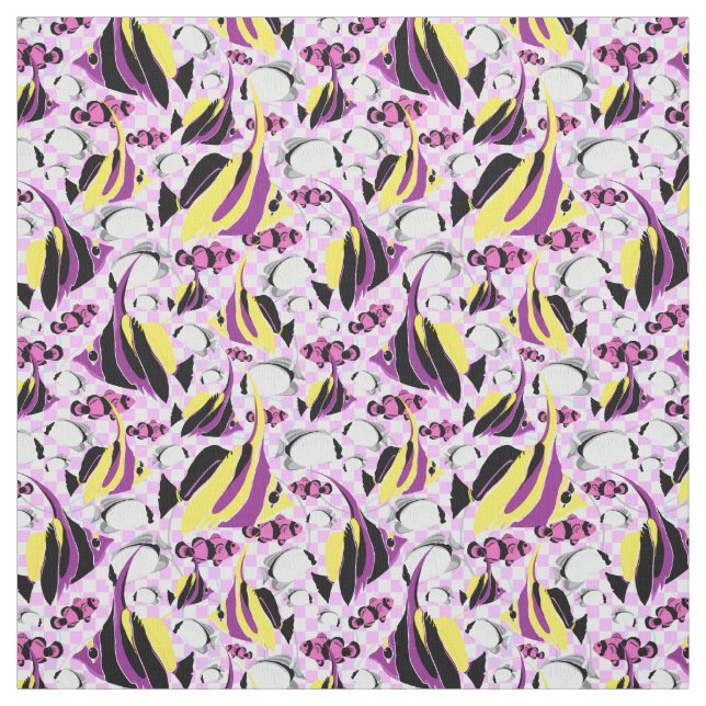 Tropical Fishes Pink Yellow Purple Aquatic Pattern Fabric (Swatch)