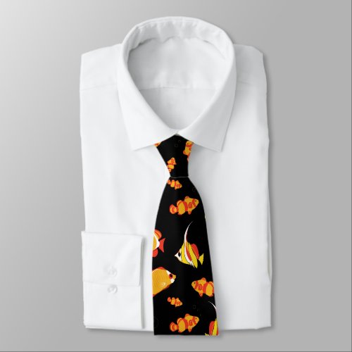 Tropical Fishes Swimming Red, Orange Ocean Pattern Neck Tie