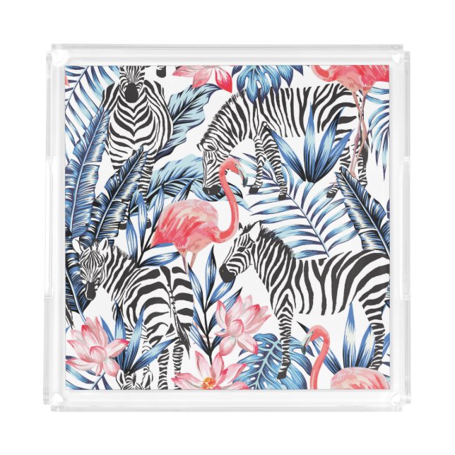 Tropical Flair: Flamingo Zebra Paradise Acrylic Tray (Front)