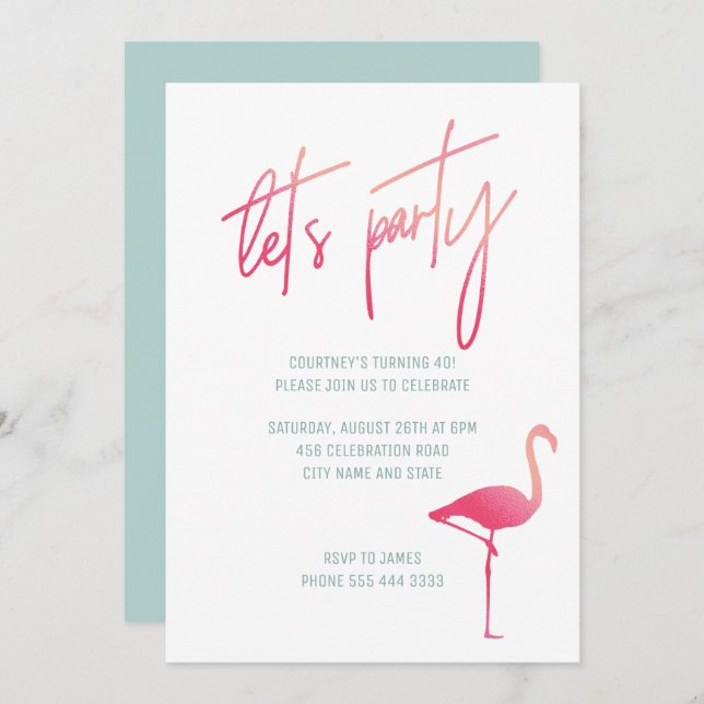 Tropical flamingo 40th birthday pink & mint invite (Front/Back)