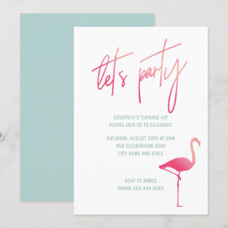 Tropical flamingo 40th birthday pink & mint invite