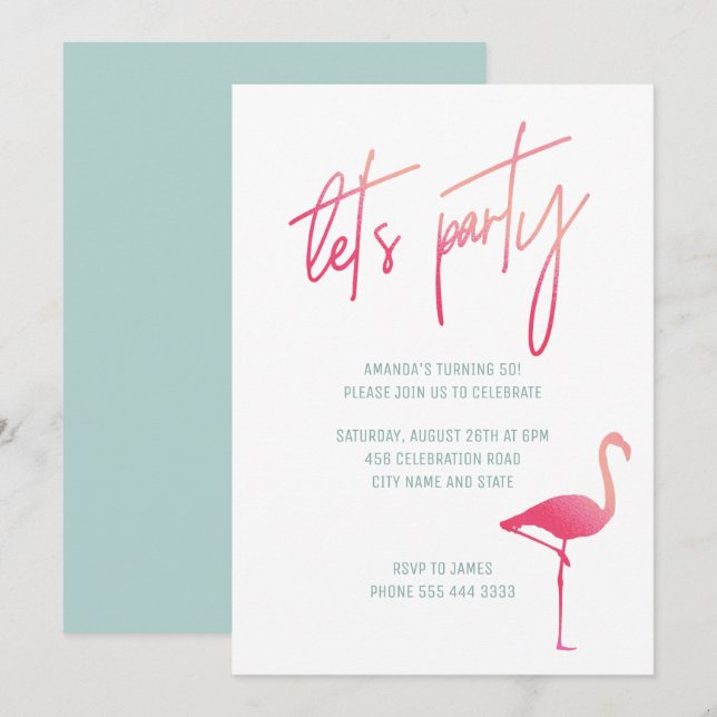 Tropical flamingo 50th birthday pink & mint invite (Front/Back)