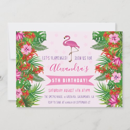 Tropical Flamingo 5th Birthday Party Invitation