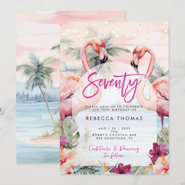 Tropical flamingo 70th birthday party invitation (Front/Back)
