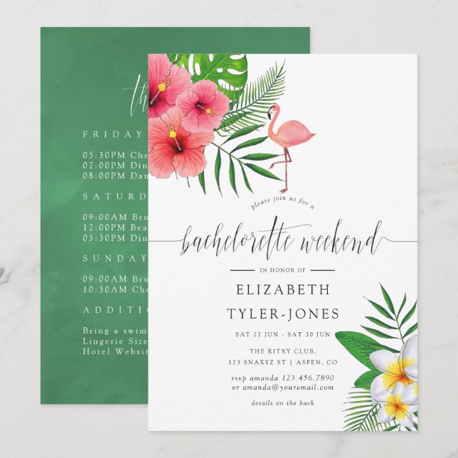 Tropical Flamingo Aloha Luau Bachelorette Weekend Invitation (Front/Back)