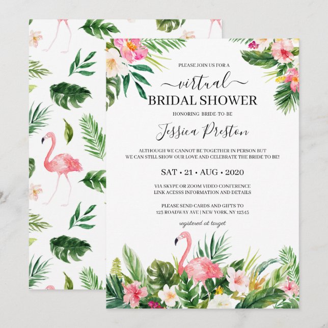 Tropical Flamingo and Floral Virtual Bridal Shower Invitation (Front/Back)