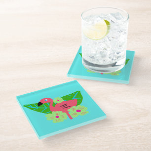 Tropical Flamingo and Flowers Glass Coaster