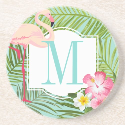 Tropical Flamingo and Hibiscus Flowers Monogram Coaster