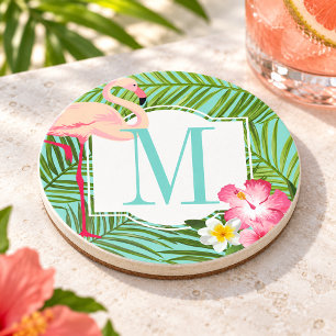 Tropical Flamingo and Hibiscus Flowers Monogram Coaster
