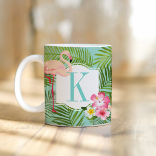 Tropical Flamingo and Hibiscus Flowers Monogram Coffee Mug