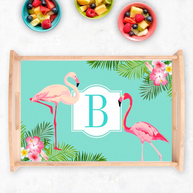 Tropical Flamingo and Hibiscus Flowers Monogram Serving Tray (Creator Uploaded)