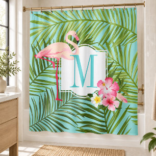 Tropical Flamingo and Hibiscus Flowers Monogram Shower Curtain
