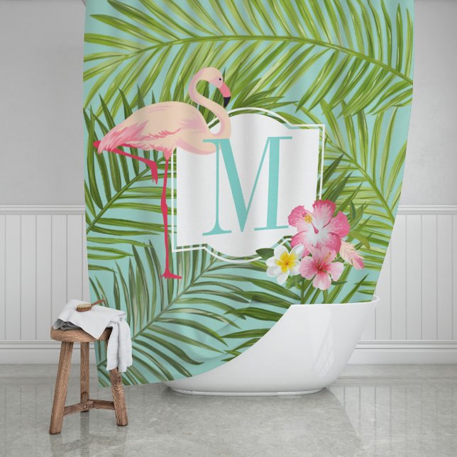 Tropical Flamingo and Hibiscus Flowers Monogram Shower Curtain (Creator Uploaded)