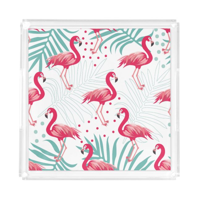 Tropical flamingo and leaves, summer pattern. acrylic tray (Front)