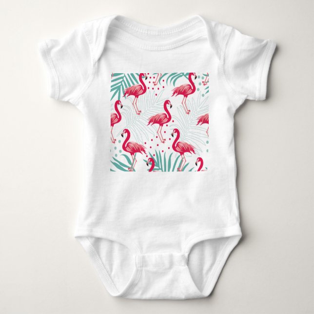 Tropical flamingo and leaves, summer pattern. baby bodysuit (Front)