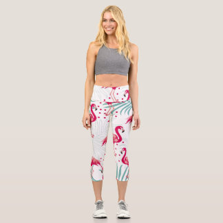 Tropical flamingo and leaves, summer pattern. capri leggings