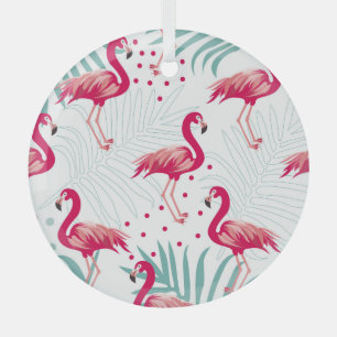 Tropical flamingo and leaves, summer pattern. glass ornament