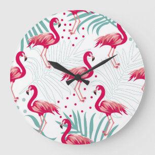 Tropical flamingo and leaves, summer pattern. large clock