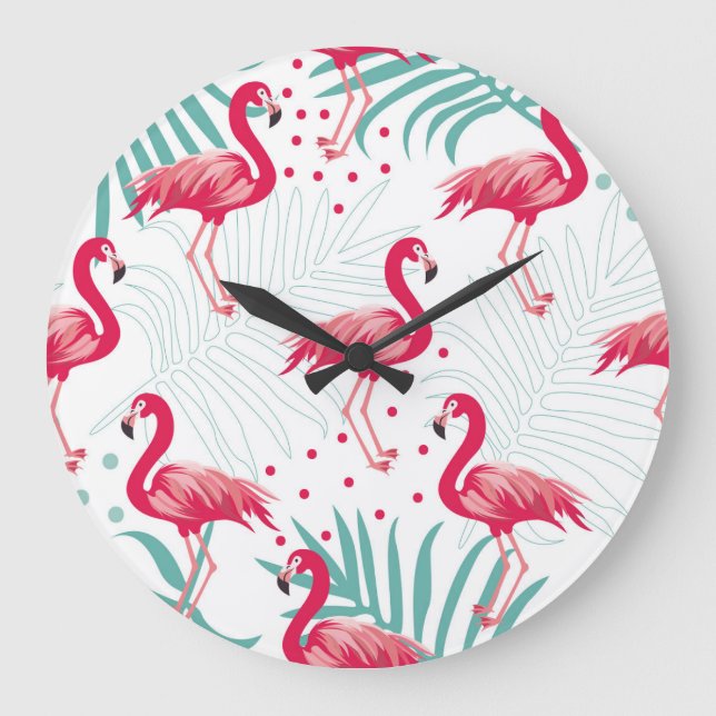 Tropical flamingo and leaves, summer pattern. large clock (Front)