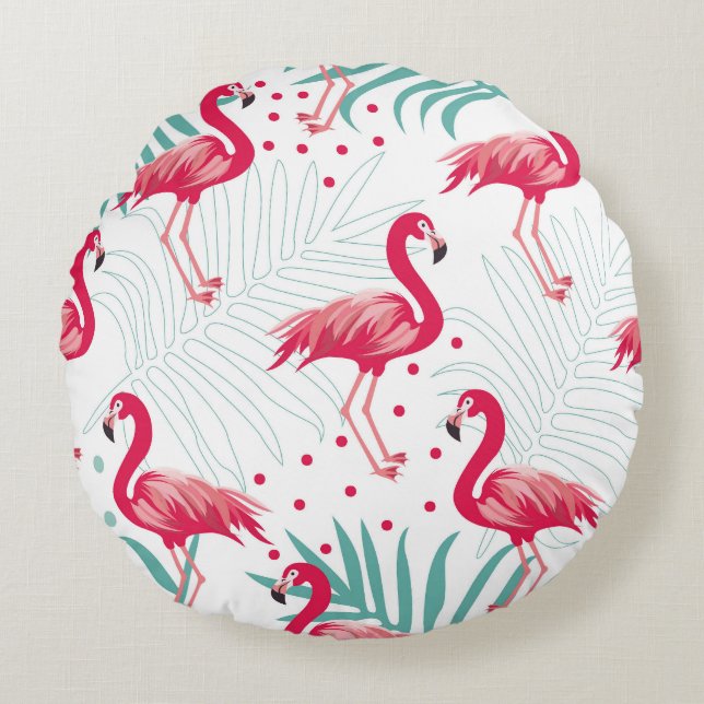 Tropical flamingo and leaves, summer pattern. round pillow (Front)