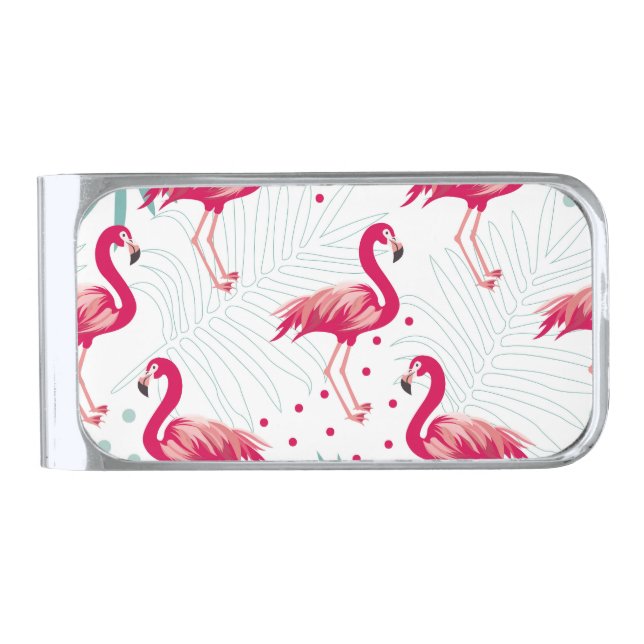 Tropical flamingo and leaves, summer pattern. silver finish money clip (Front)