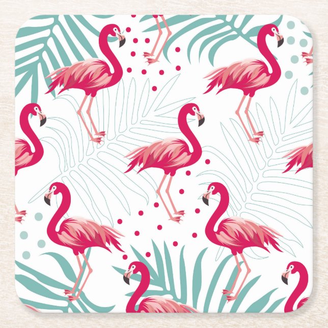 Tropical flamingo and leaves, summer pattern. square paper coaster (Front)