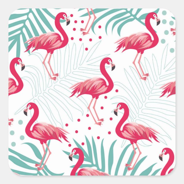 Tropical flamingo and leaves, summer pattern. square sticker (Front)