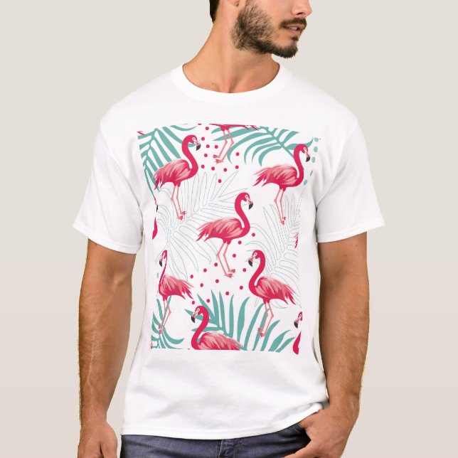 Tropical flamingo and leaves, summer pattern. T-Shirt (Front)