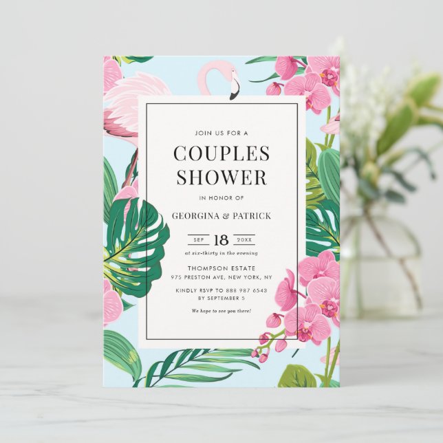 Tropical Flamingo and Orchid Summer Couples Shower Invitation (Standing Front)