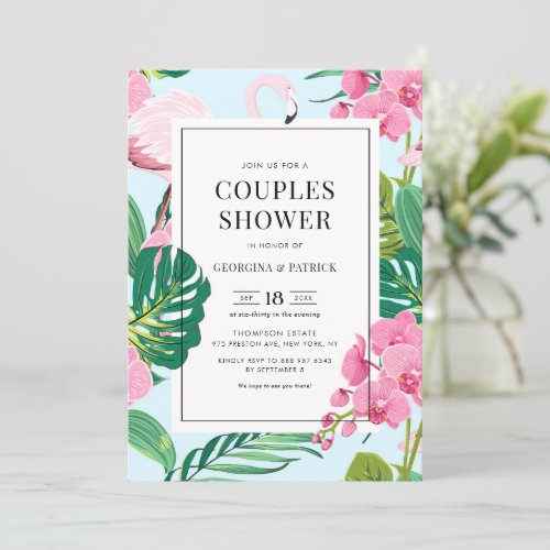Tropical Flamingo and Orchid Summer Couples Shower Invitation