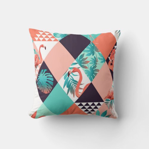 Tropical Flamingo and Palm Tree Leaves Pillow