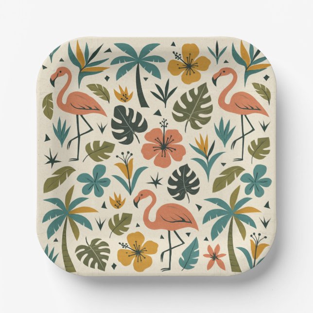 Tropical Flamingo and Palm Tree Pattern Paper Plates (Front)