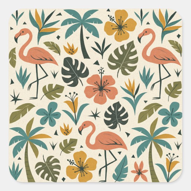 Tropical Flamingo and Palm Tree Pattern Square Sticker (Front)