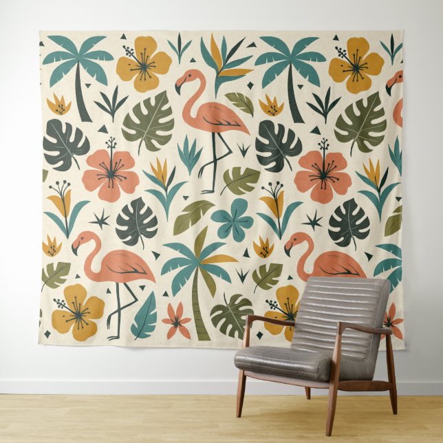 Tropical Flamingo and Palm Tree Pattern Tapestry (In Situ (Horizontal))