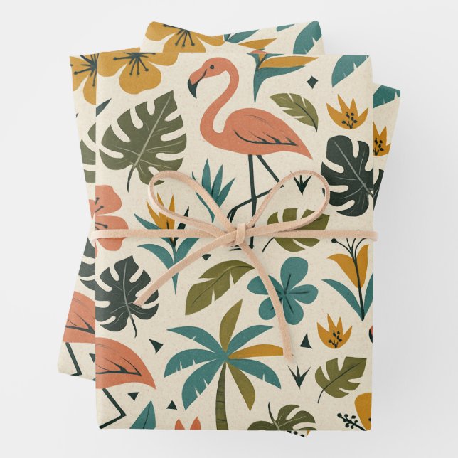Tropical Flamingo and Palm Tree Pattern Wrapping Paper Sheets (In situ)