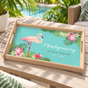 Tropical Flamingo Aqua Beach House Family Name Serving Tray