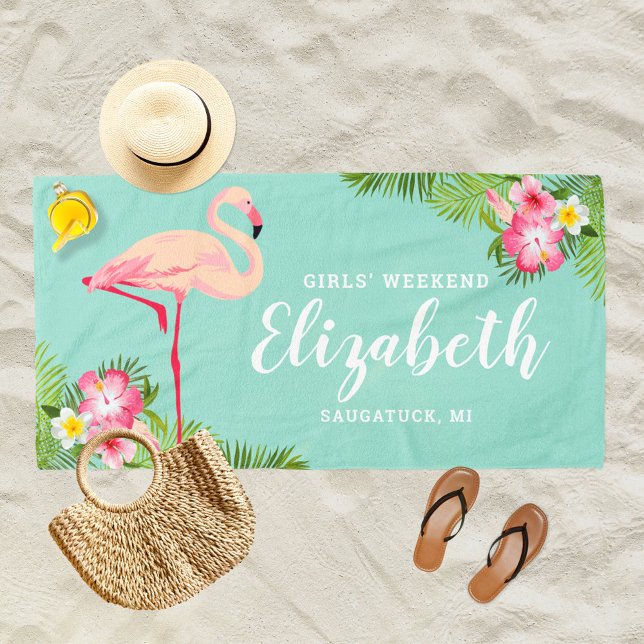Tropical Flamingo Aqua Girls Weekend Name Beach Towel (Creator Uploaded)