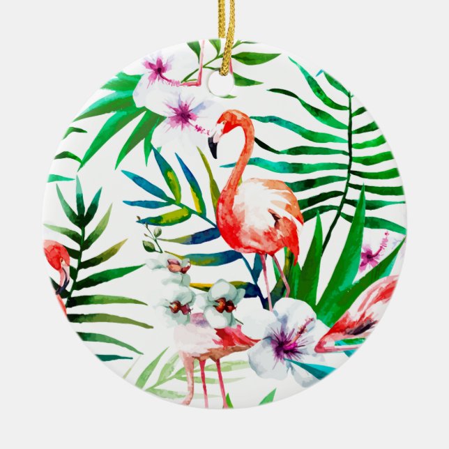 Tropical flamingo art ceramic ornament (Front)
