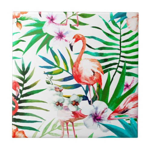 Tropical flamingo art ceramic tile