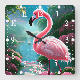Tropical Flamingo At A Lake-70852 Square Wall Clock