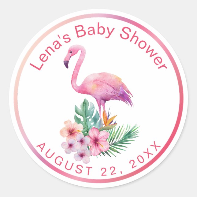 Tropical Flamingo Baby Shower Favor Sticker (Front)