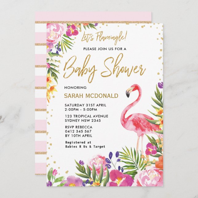 Tropical Flamingo Baby Shower Floral Invitation (Front/Back)