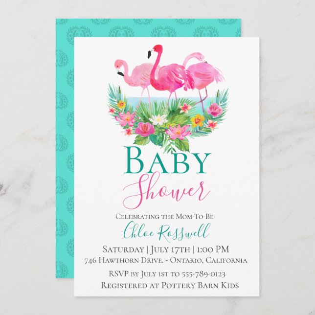 Tropical Flamingo Baby Shower Invitation (Front/Back)