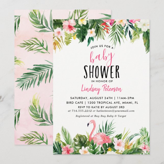 Tropical Flamingo Baby Shower Invitation Card (Front/Back)